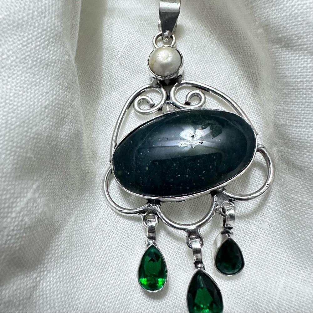 Hand Crafted Silver Pendant Necklace Dark Green Jasper and Emerald Green Glass